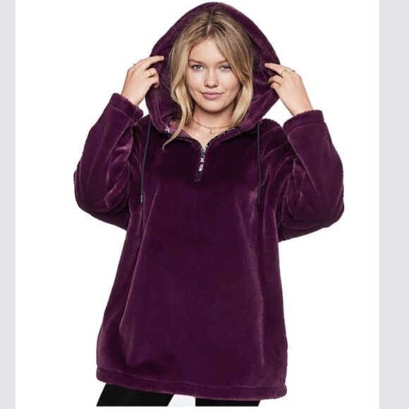 Victorias Secret Pink Faux Fur Campus Hoodie Cozy Supersoft Pullover Jacket M - Picture 1 of 6